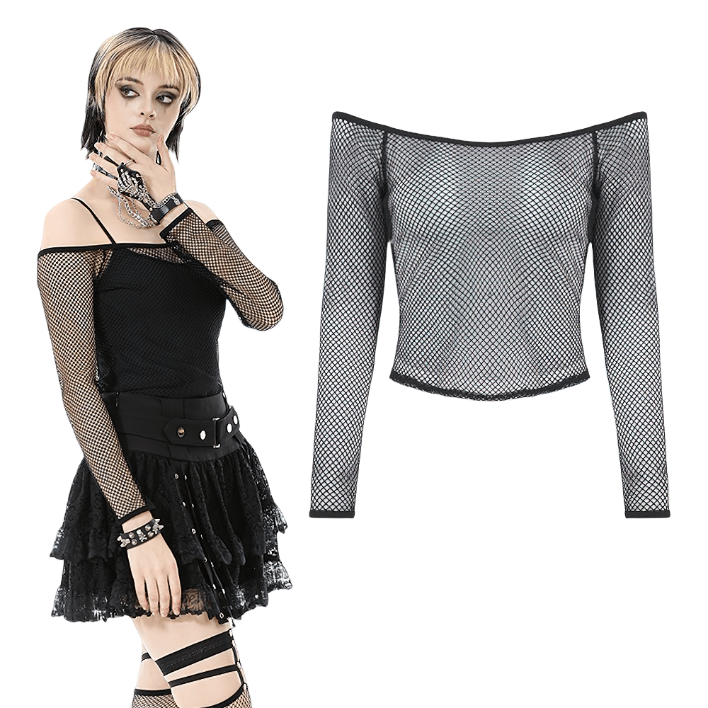 Gothic Mesh Off-Shoulder Long-Sleeved Top for Women in fishnet design, perfect for edgy outfits.