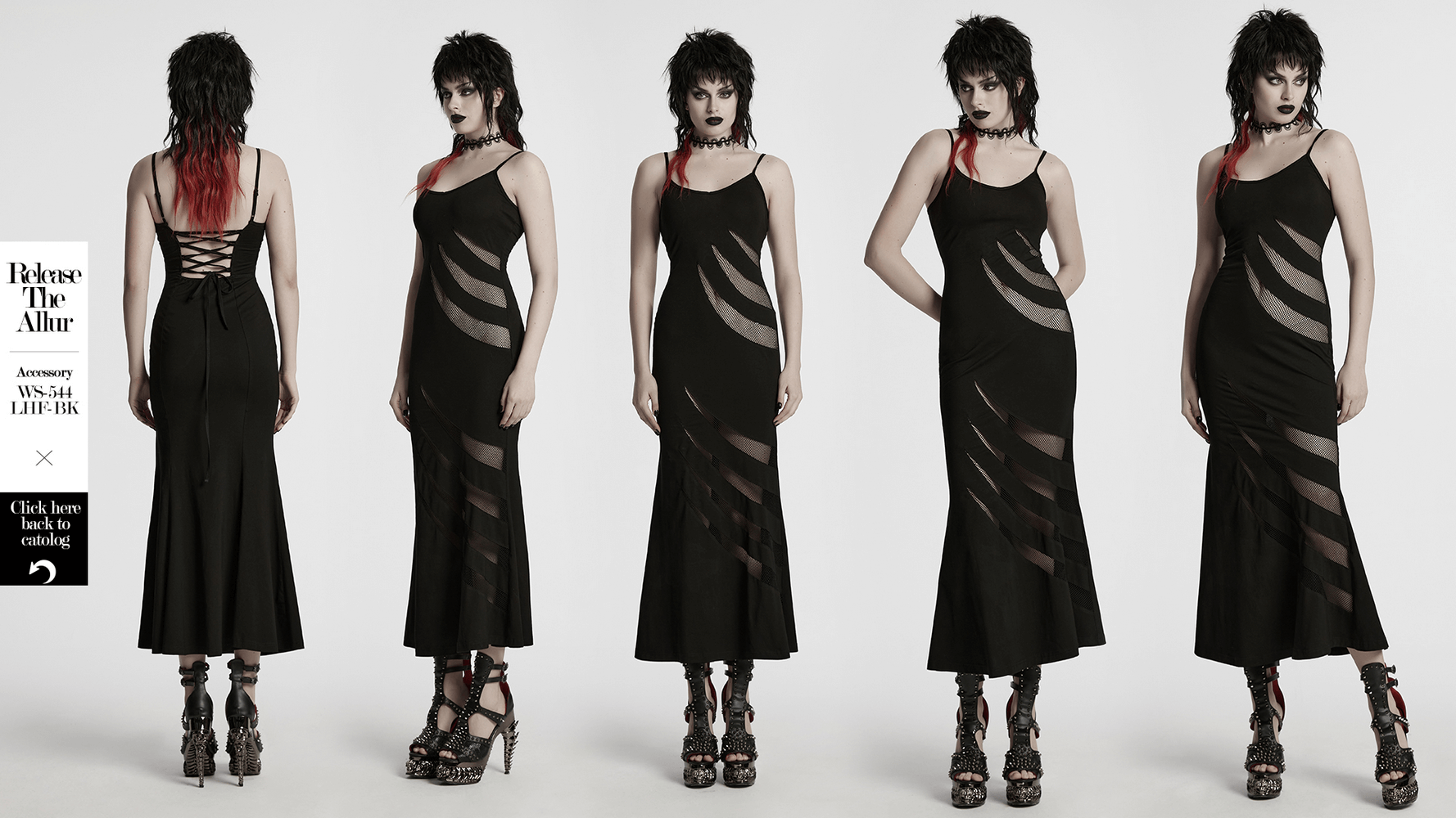 Gothic mesh panel slip dress with claw slashed design and lace-up back, perfect for punk-inspired edgy looks.