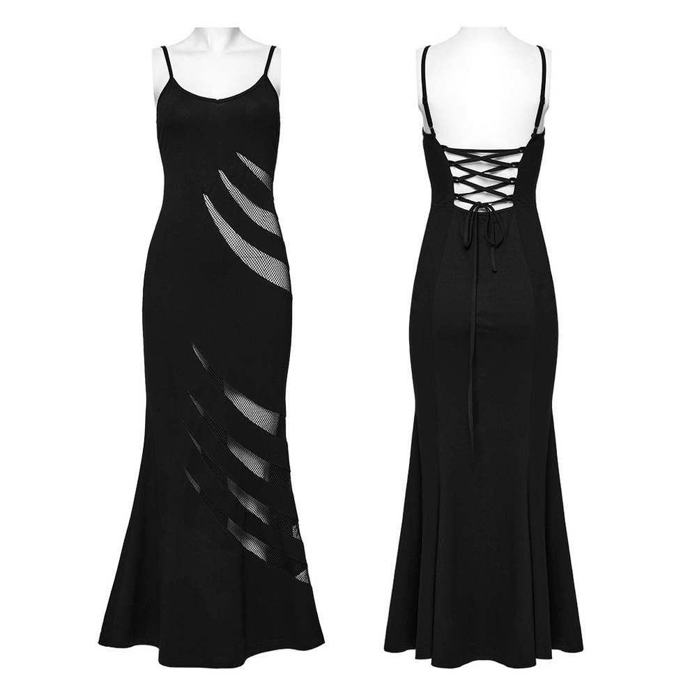 Gothic mesh panel dress with claw slashed design, back lace-up detail, perfect for punk and edgy fashion.