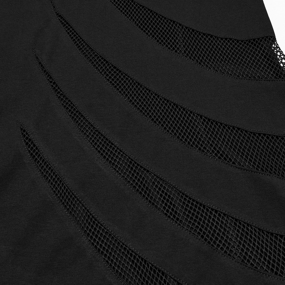 Close-up of gothic mesh panel dress showcasing claw-slashed design and sheer black mesh details.