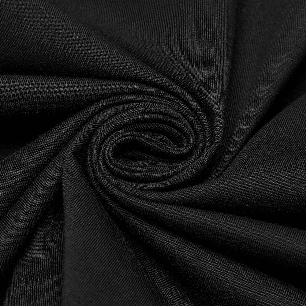 Close-up of soft black elastic knit fabric, ideal for gothic or punk-themed clothing designs.