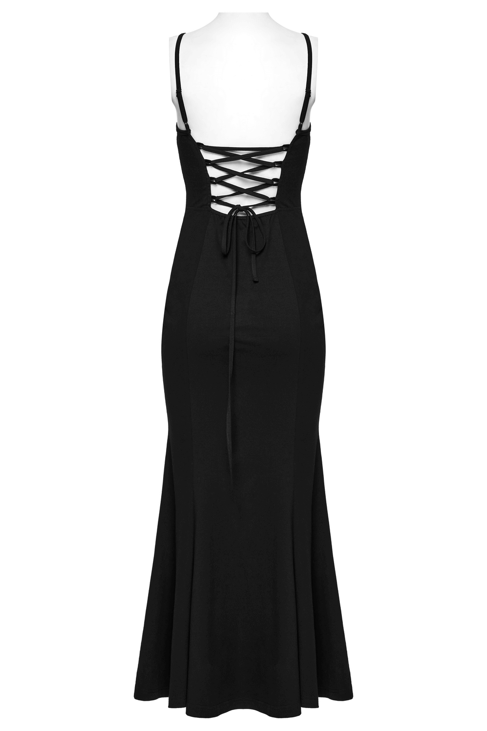 Back view of a Gothic mesh panel dress showing lace-up detail and sleek silhouette for a punk-inspired look.