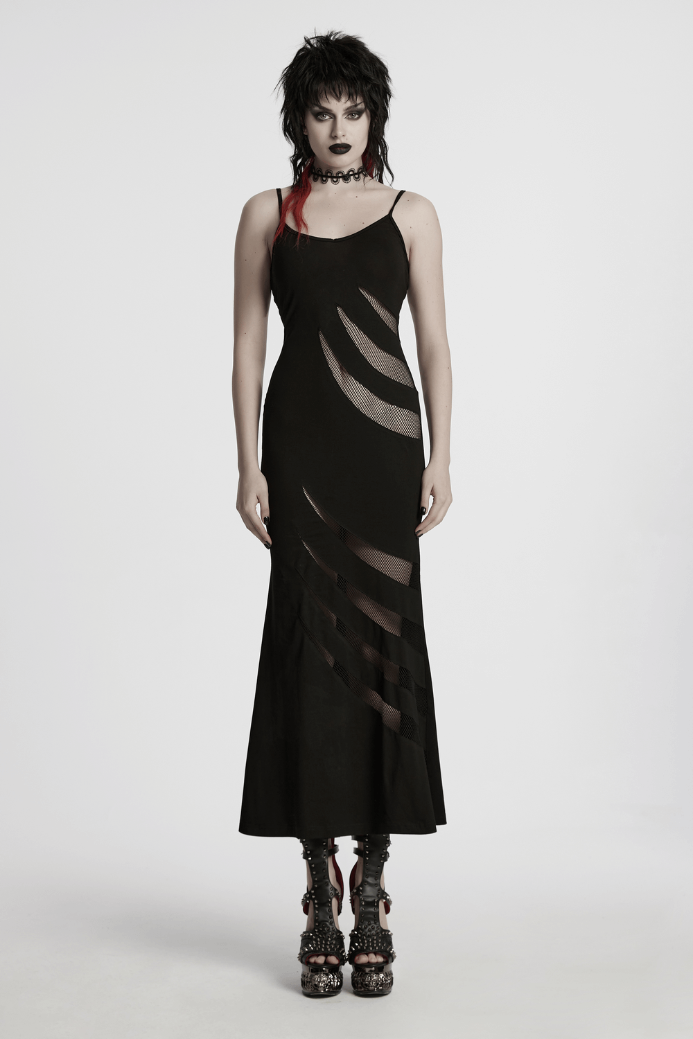 Gothic mesh panel dress with claw slashed design, featuring lace-up detail and edgy punk style.