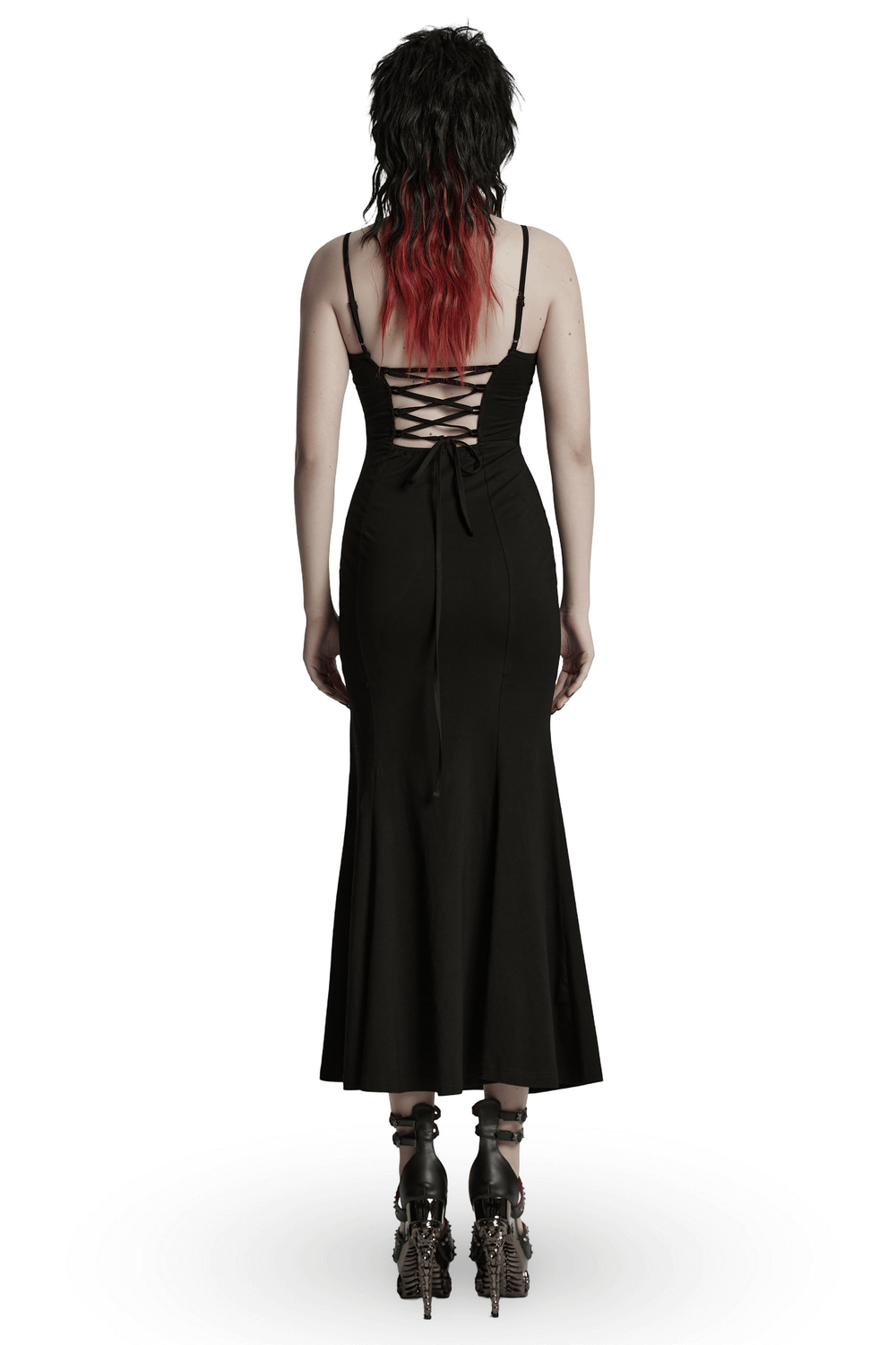 Back view of Gothic Mesh Panel Dress with lace-up detail and striking silhouette for punk-inspired fashion.
