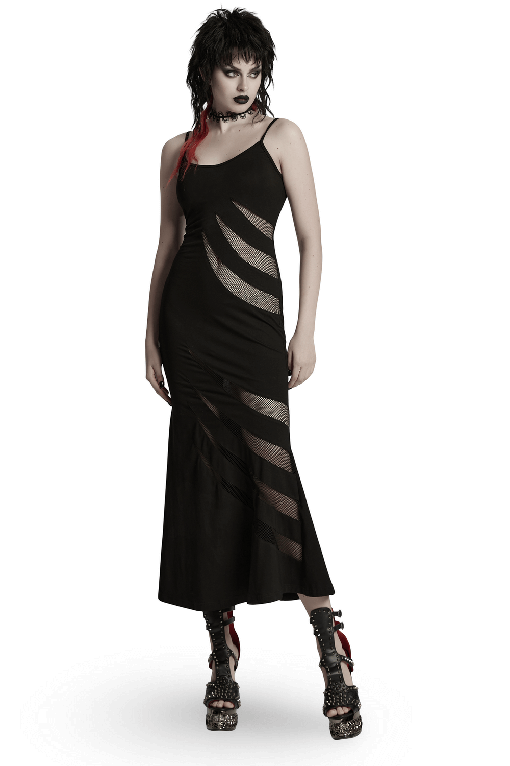 Punk sexy gothic mesh panel dress with claw slashed design, featuring lace-up back detail for edgy style.