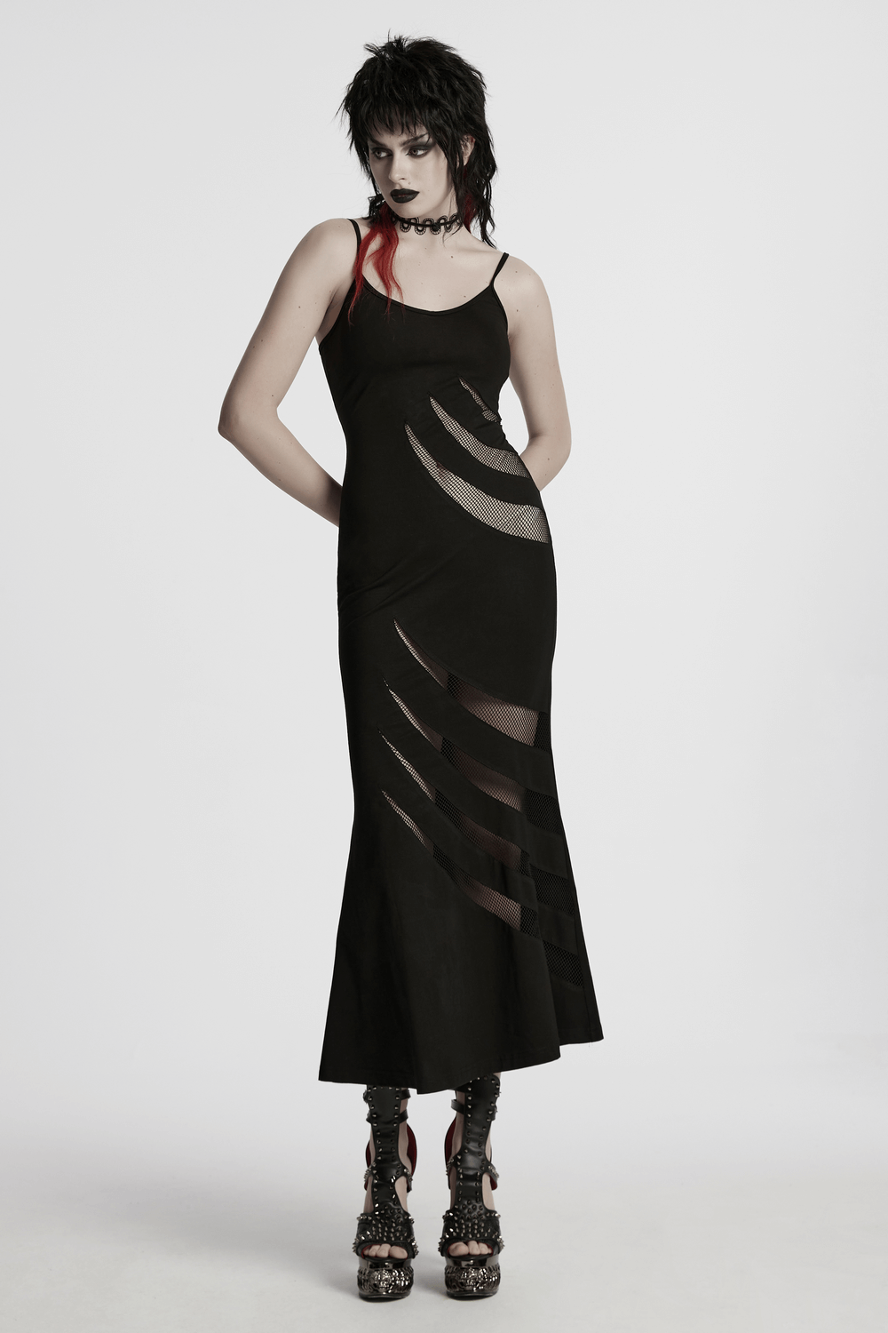 Gothic mesh panel dress with claw slashed design, perfect for alt fashion nights and edgy parties.