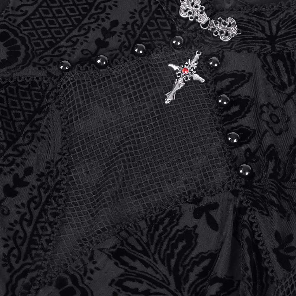 Intricate lace and mesh detailing on dark Gothic Victorian top with decorative buttons and design.