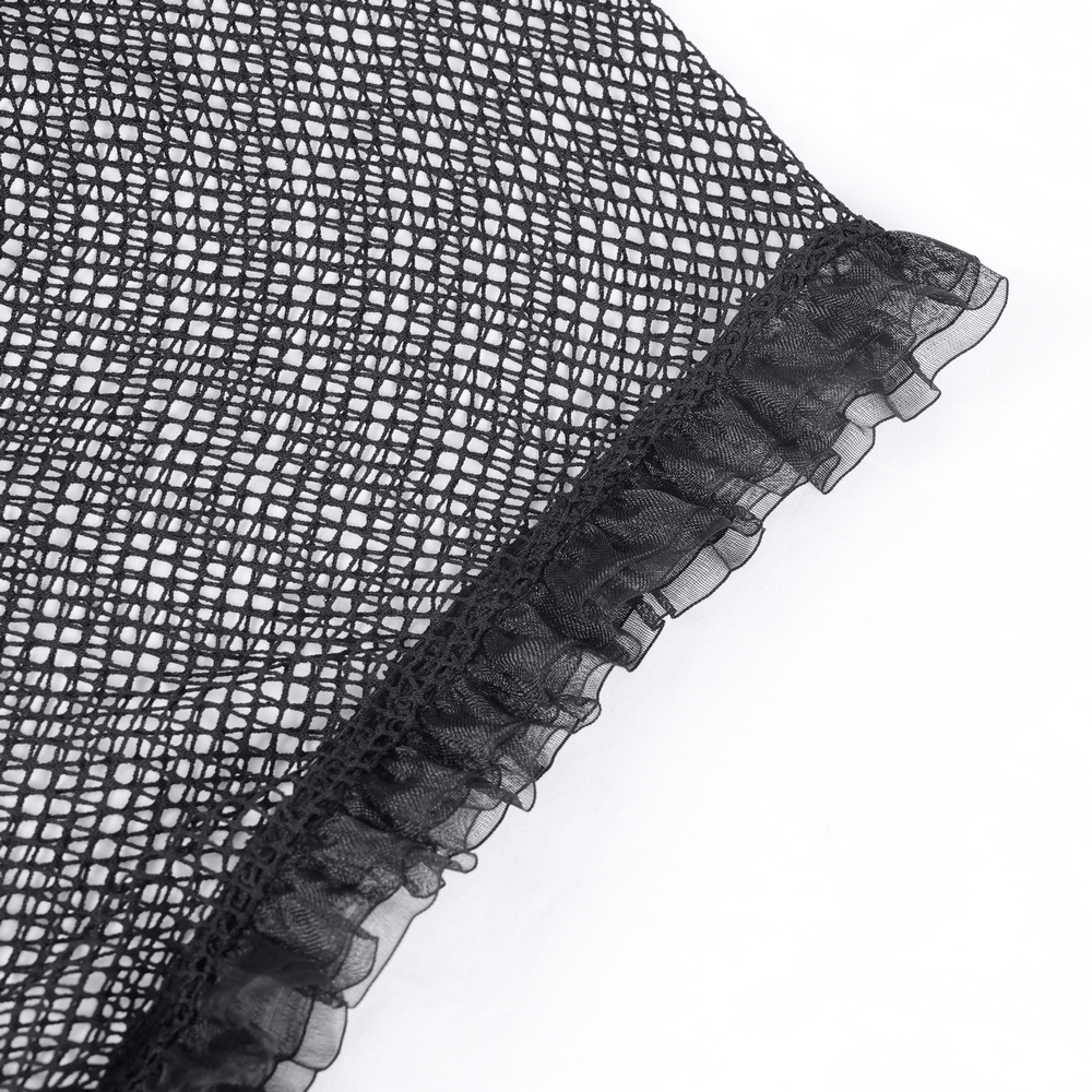 Close-up of black mesh fabric with ruffled edges, perfect for gothic fashion accents and intricate designs.