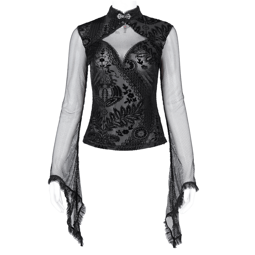 Gothic Mesh Sleeve Top with Lace Pattern and Bell Sleeves