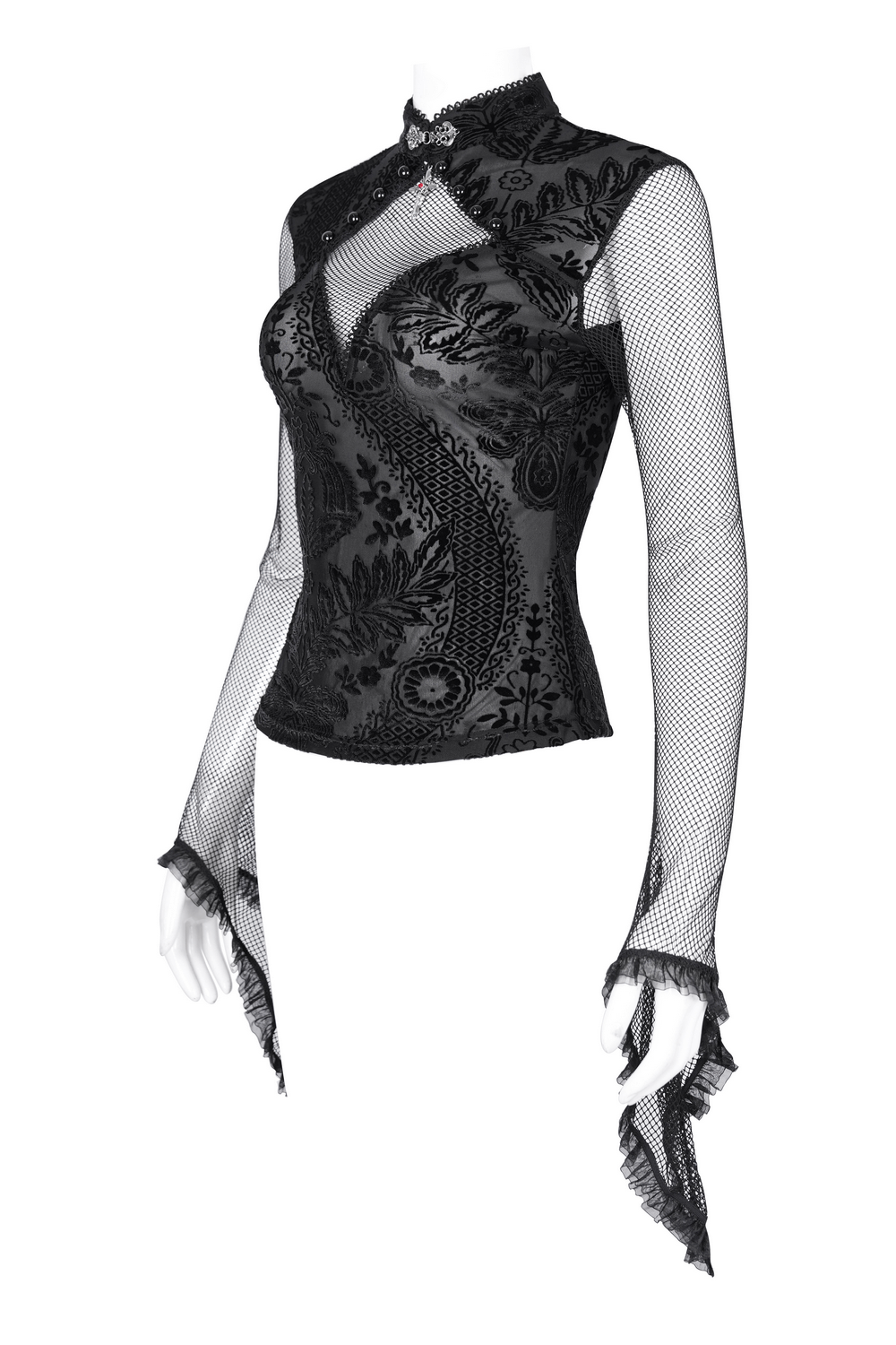 Gothic Mesh Sleeve Top with Lace Pattern and Bell Sleeves