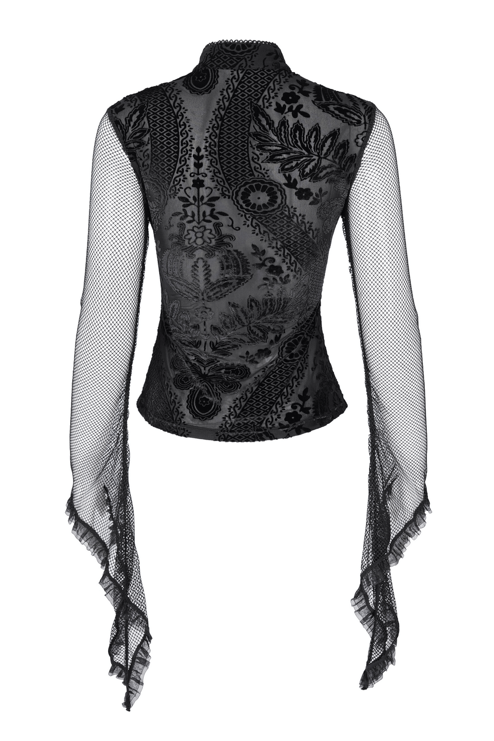 Gothic mesh sleeve top with lace pattern and bell sleeves, showcasing a dark Victorian-inspired design.