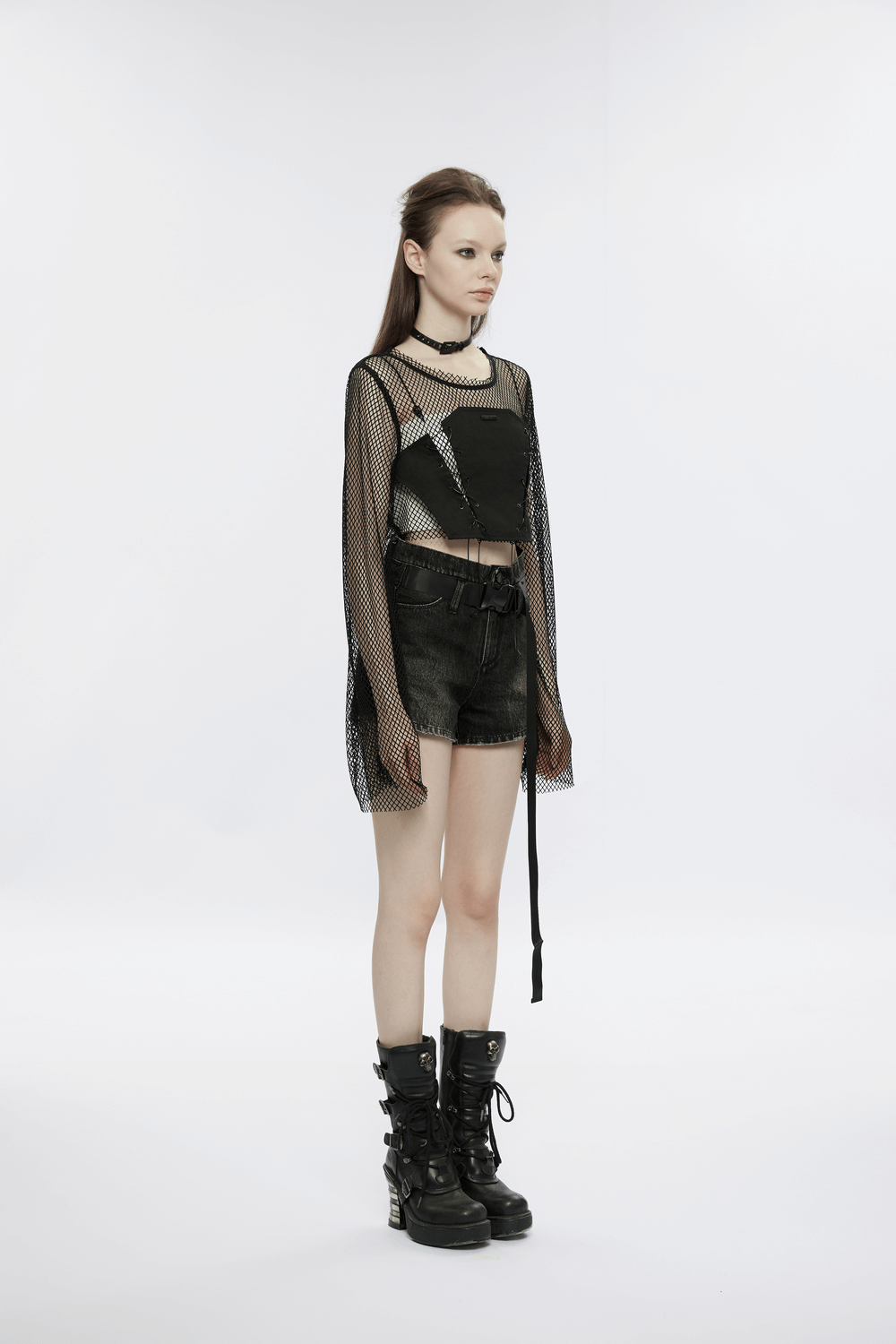 Gothic Mesh Sleeve Top with Punk Lacing Accents
