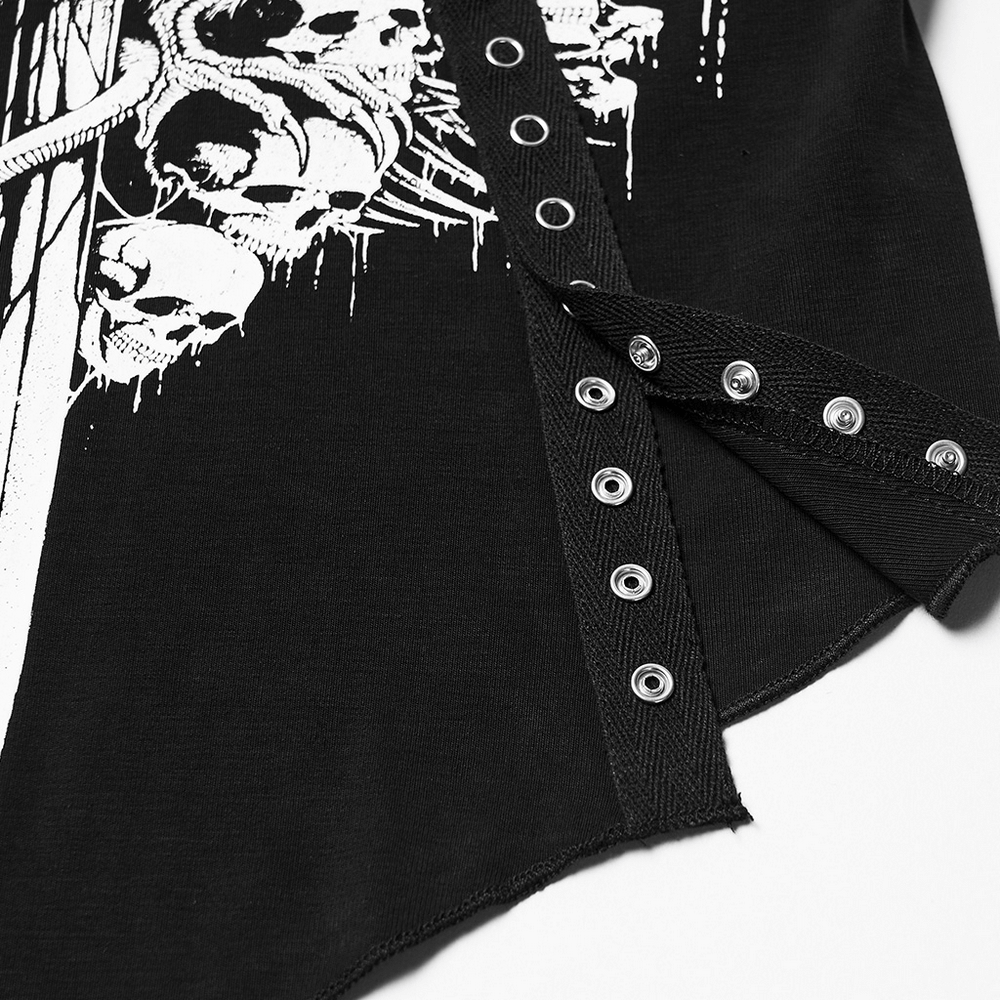 Gothic Mesh T-Shirt with Bat and Skull Print Design showcasing detailed skull graphics and stylish snaps.