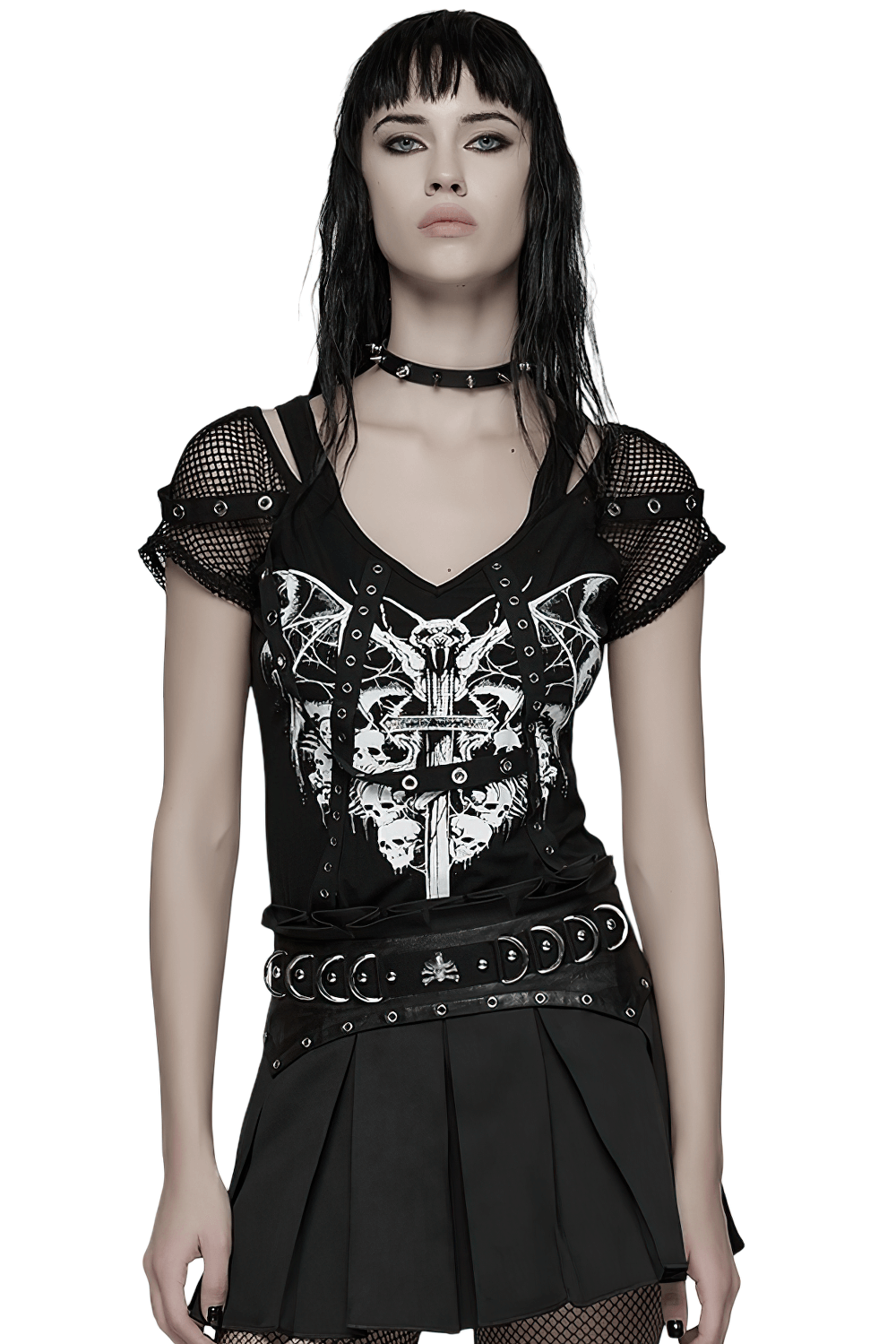 Gothic Mesh T-Shirt with Bat and Skull Print Design worn by model with edgy style and accessories.