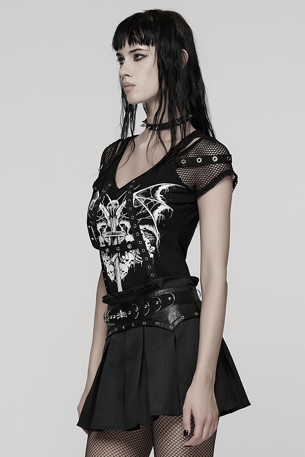 Gothic Mesh T-Shirt with Bat and Skull Print Design worn by model in a stylish, edgy outfit, perfect for gothic fashion enthusiasts.