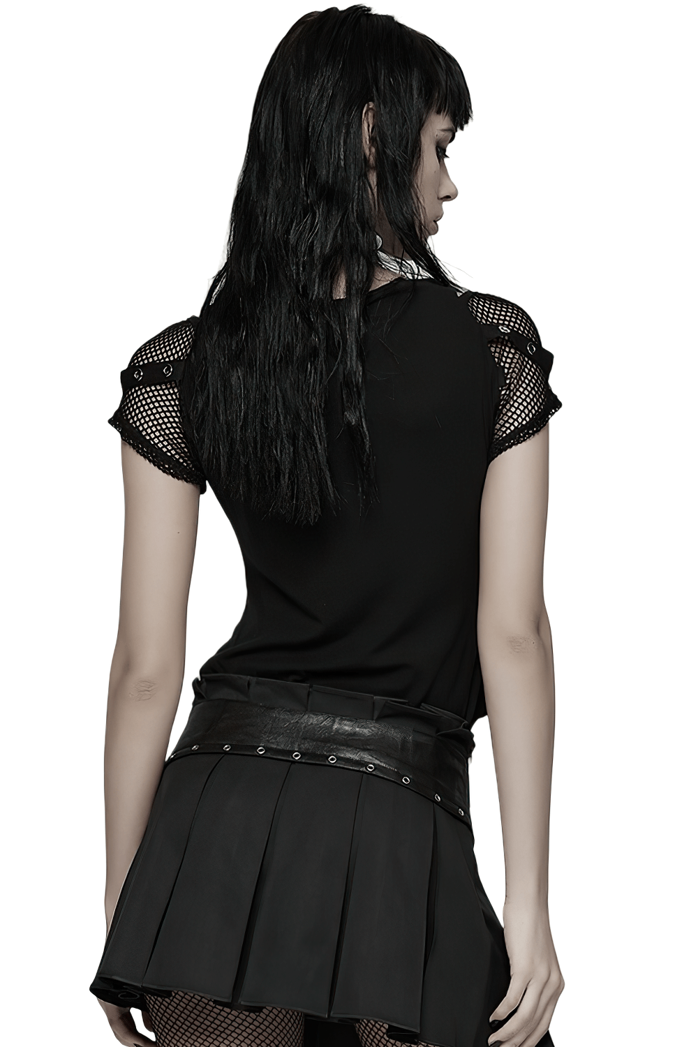 Gothic Mesh T-Shirt with Bat and Skull Print Design worn with a stylish black pleated skirt, showcasing the unique back detail.