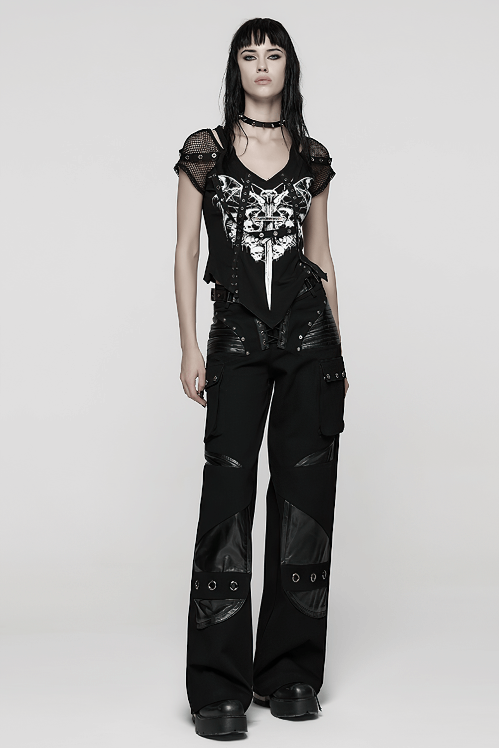 Gothic Mesh T-Shirt with Bat and Skull Print Design worn with stylish black pants.