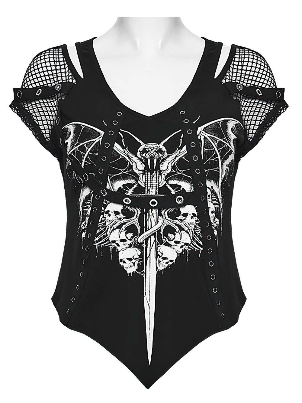 Gothic Mesh T-Shirt with Bat and Skull Print Design featuring bat, skull, and sword graphics on a black background.