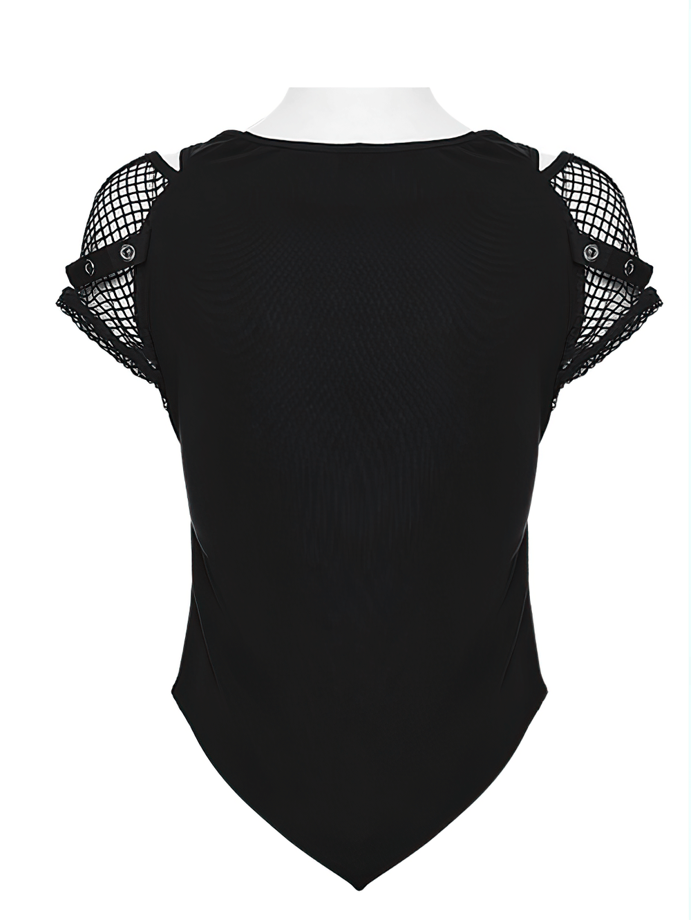 Gothic Mesh T-Shirt with Bat and Skull Print Design showcasing back view with stylish mesh details.