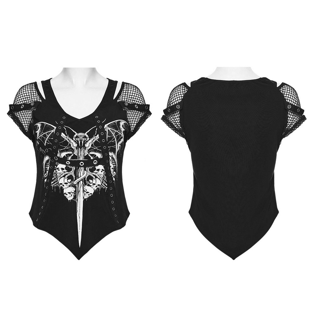 Gothic Mesh T-Shirt with Bat and Skull Print Design showcasing unique bat and skull graphics for a spooky style.