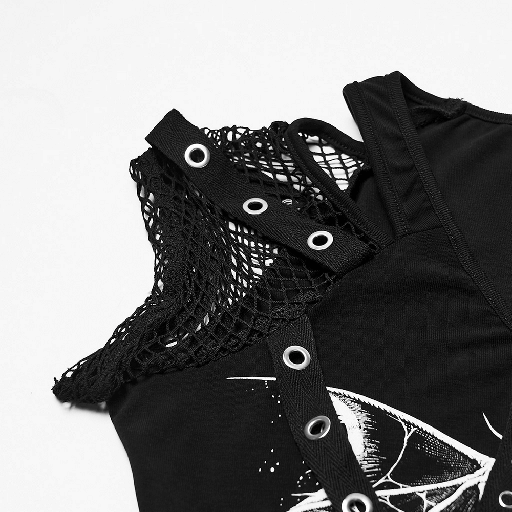 Gothic Mesh T-Shirt with Bat and Skull Print Design showcasing intricate mesh detail and buttons.