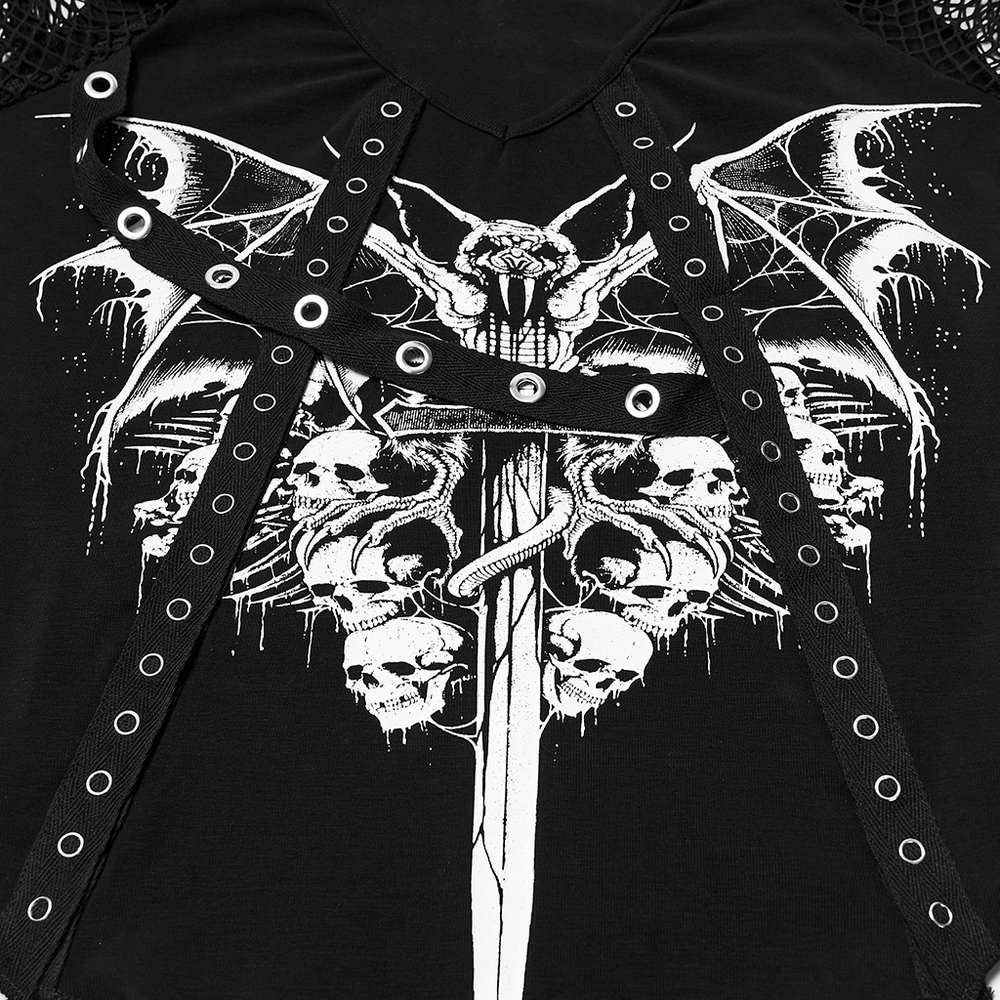Gothic Mesh T-Shirt with Bat and Skull Print Design showcasing intricate bat and skull graphics.