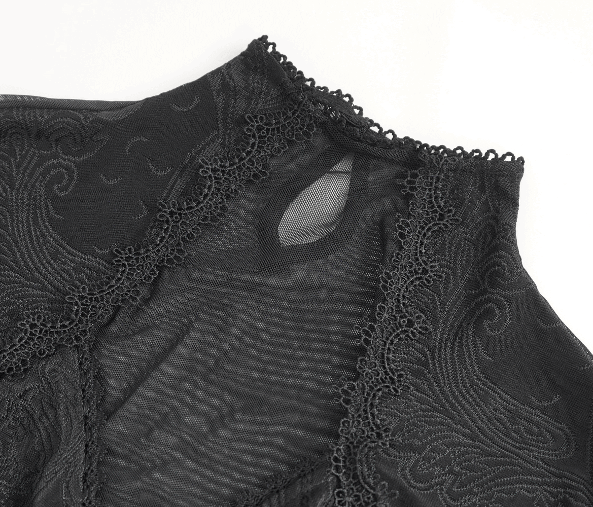 Gothic mesh top detail featuring sheer fabric and intricate lace trim for a dark, romantic aesthetic.