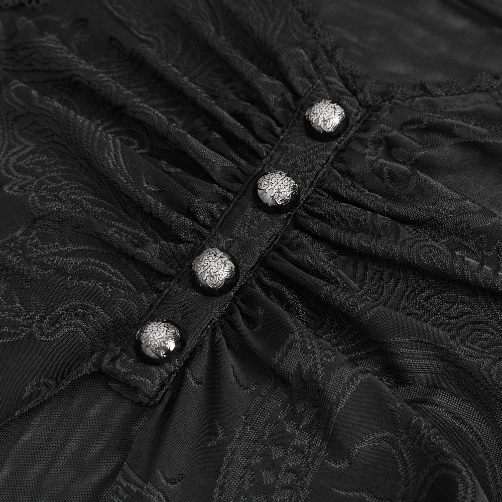 Close-up of Gothic mesh top detailing, featuring ornate black buttons and intricate sheer fabric design.