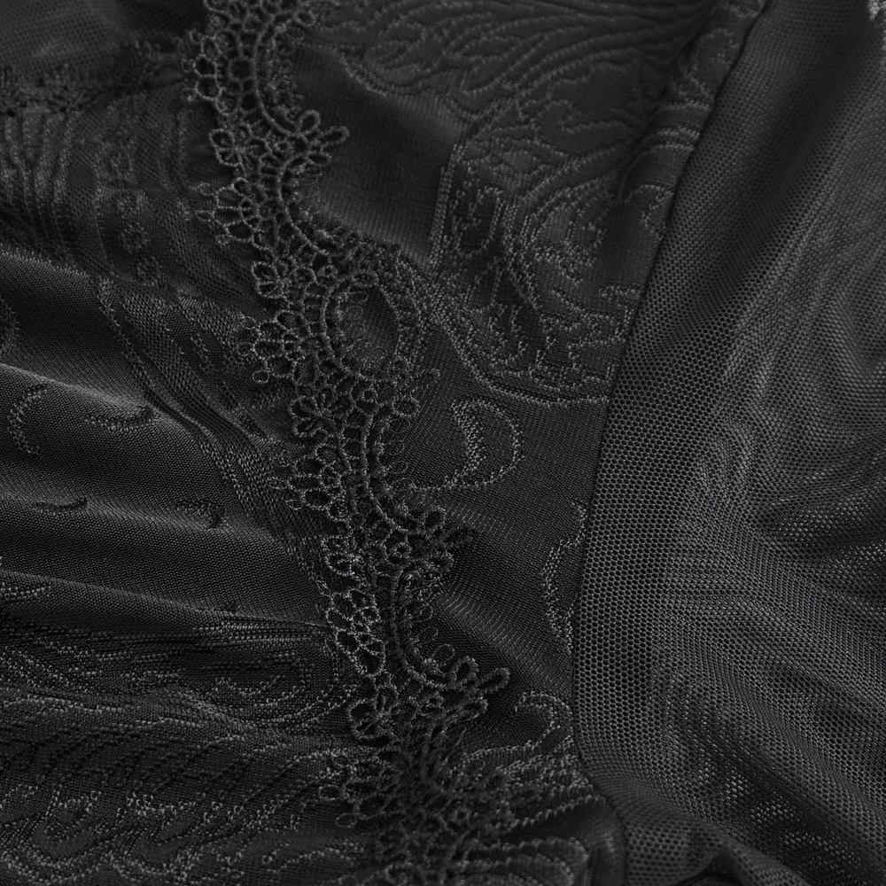 Close-up of gothic mesh top featuring intricate black lace design and sheer fabric, perfect for a dark romantic style.