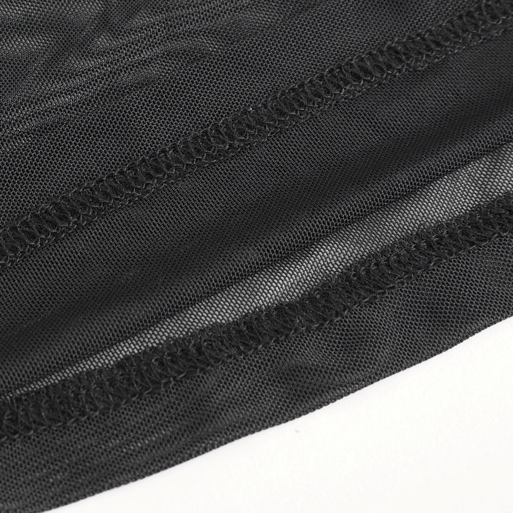 Close-up of sheer black mesh fabric showcasing a lightweight and breathable texture, perfect for gothic fashion.