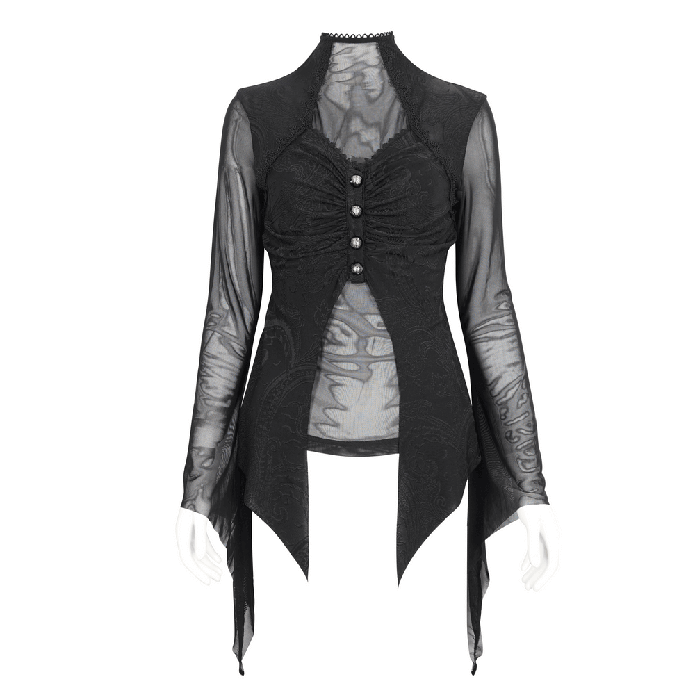 Gothic Mesh Top with Print and Irregular Long Sleeves