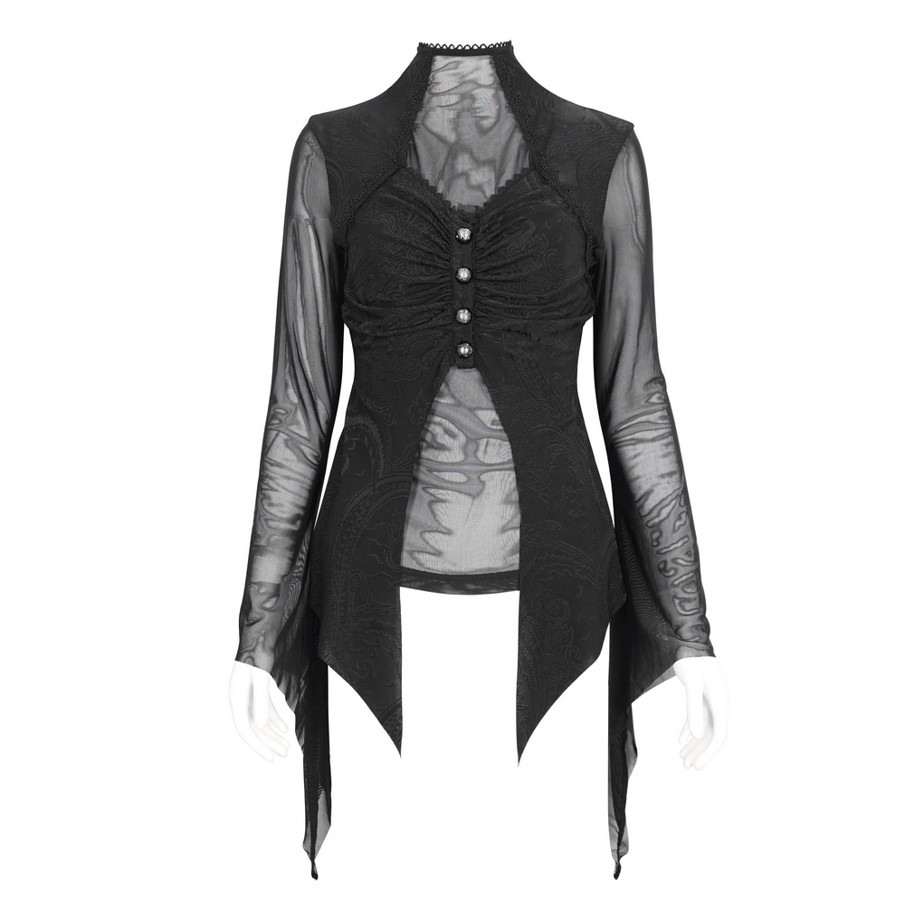 Gothic mesh top with irregular trumpet sleeves and button details, perfect for a dramatic dark look.