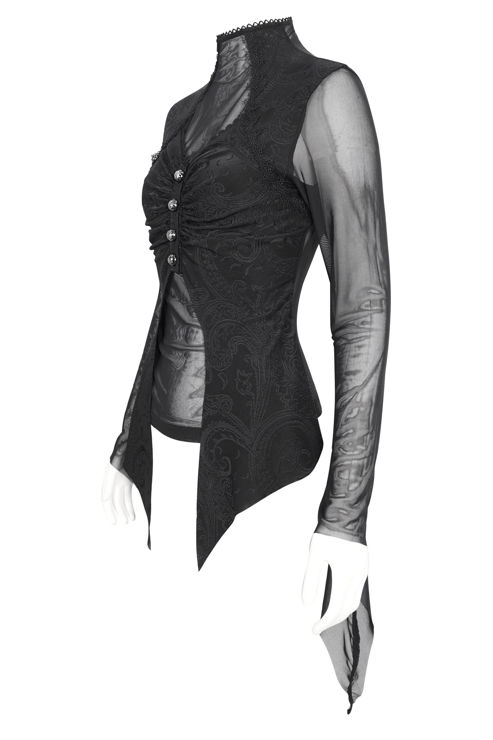Gothic mesh top with print and irregular long sleeves, featuring a dramatic design in sheer black fabric.