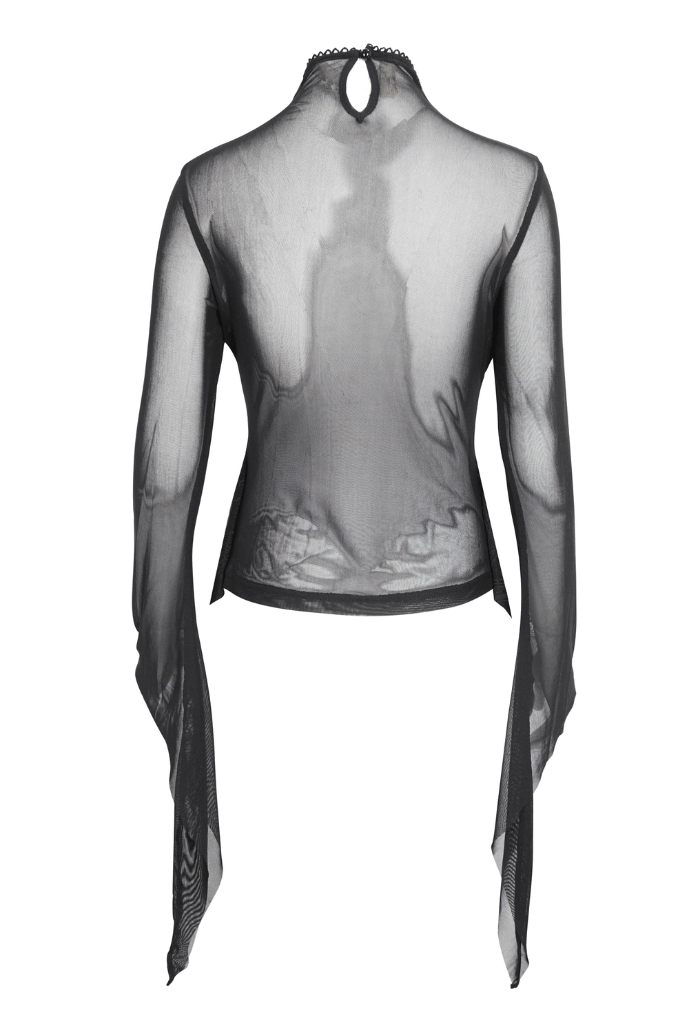 Gothic mesh top showcasing sheer black fabric and irregular trumpet sleeves, perfect for layering in a dramatic style.