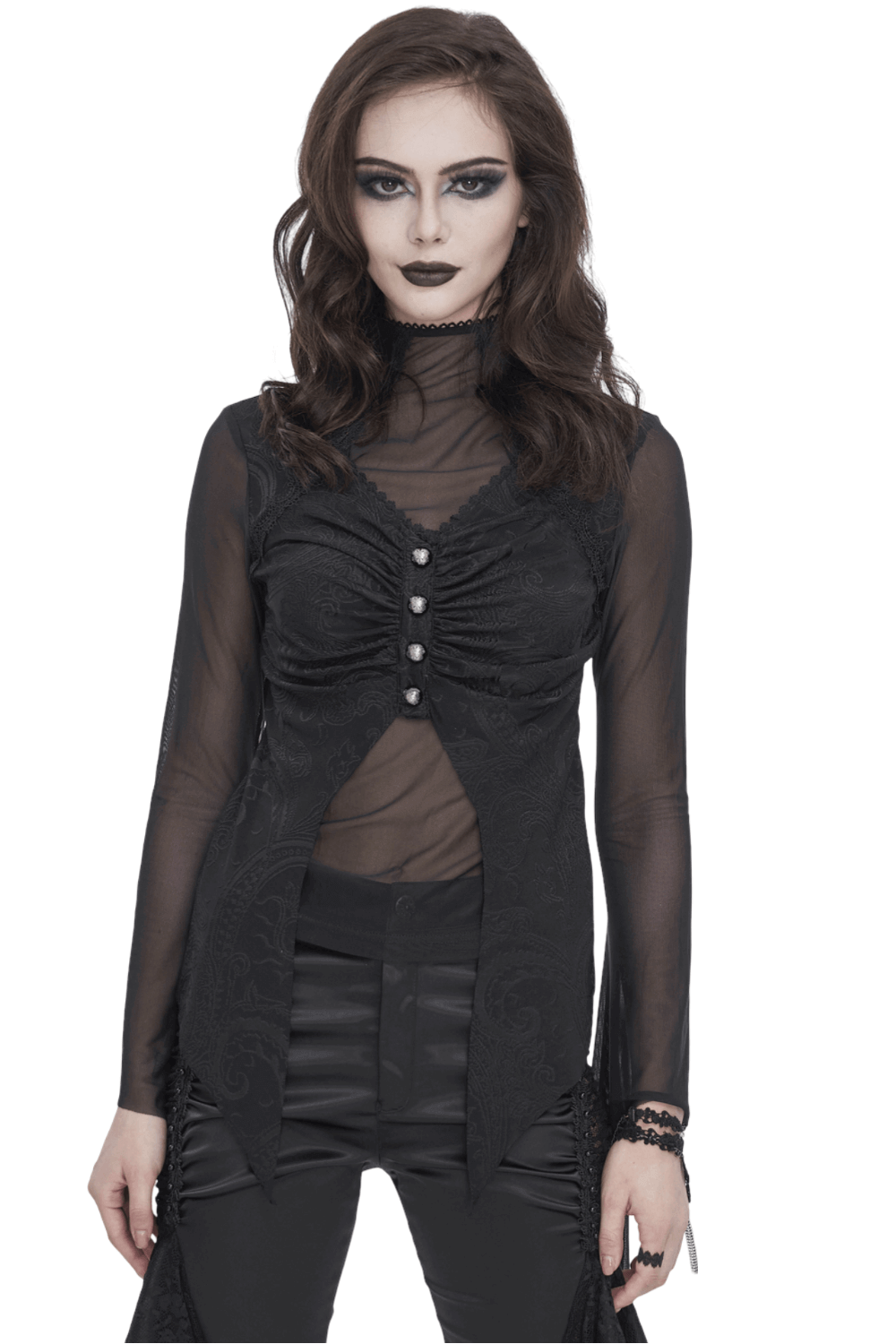 Gothic mesh top with button detail, sheer black fabric, and long sleeves for a dramatic, dark aesthetic.