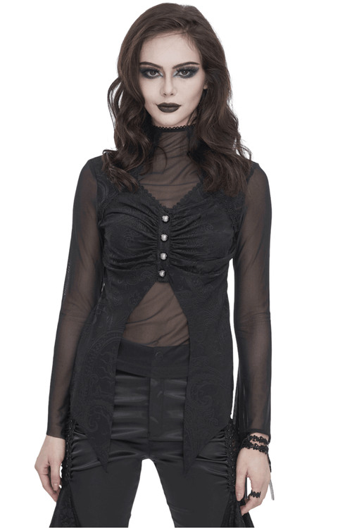 Gothic-Mesh-Top mit Print und unregelmäßigen langen Ärmeln