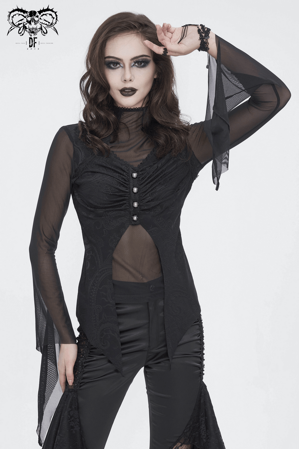 Gothic mesh top with print, irregular sleeves, and dramatic style, perfect for a dark romantic look.
