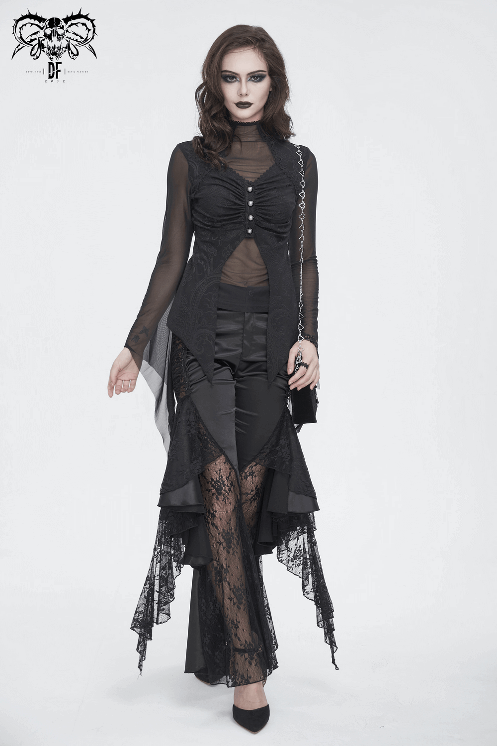 Gothic mesh top with irregular trumpet sleeves, combining sheer black fabric with dramatic elegance.