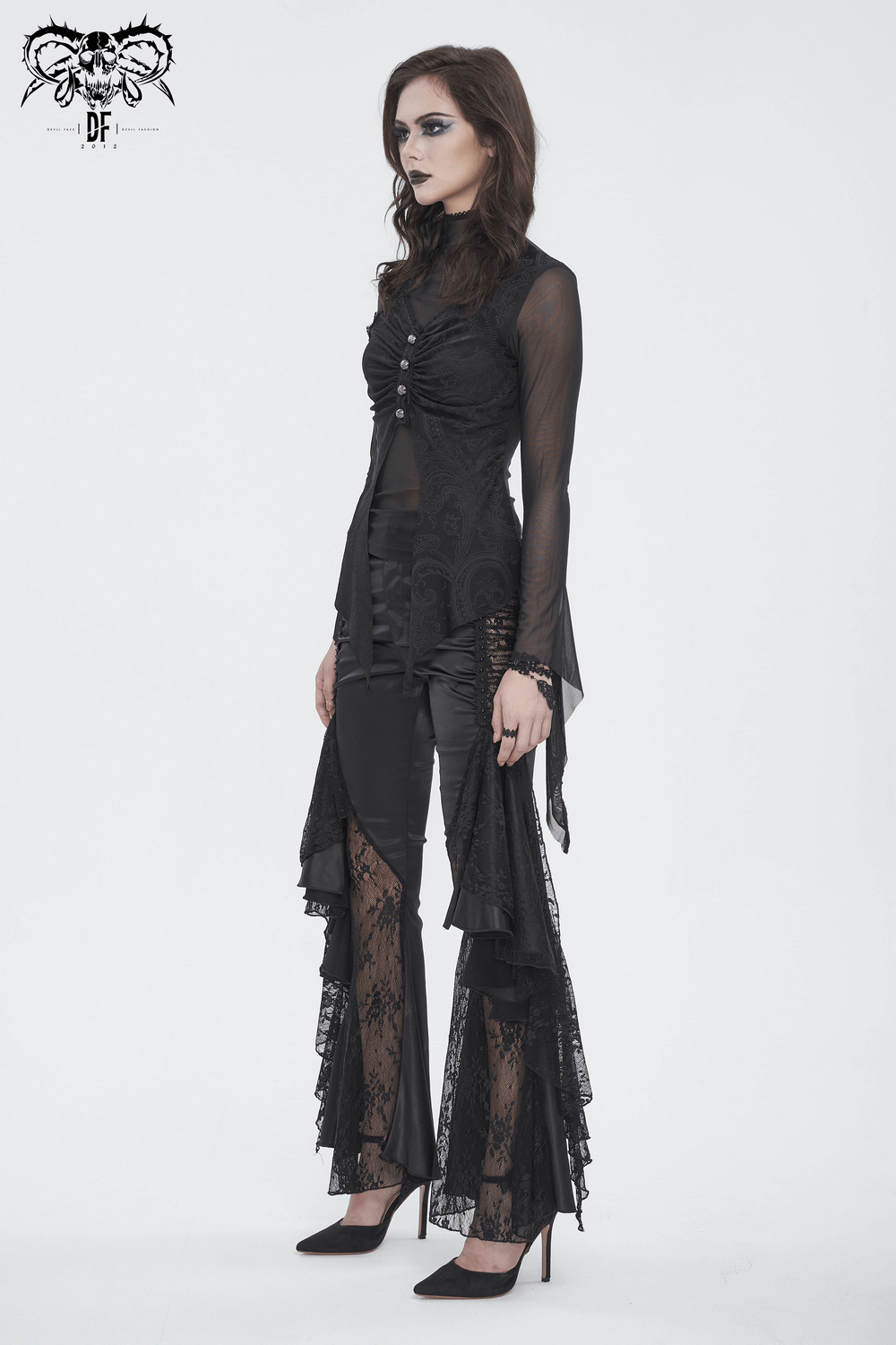 Gothic Mesh Top with Print and Irregular Long Sleeves
