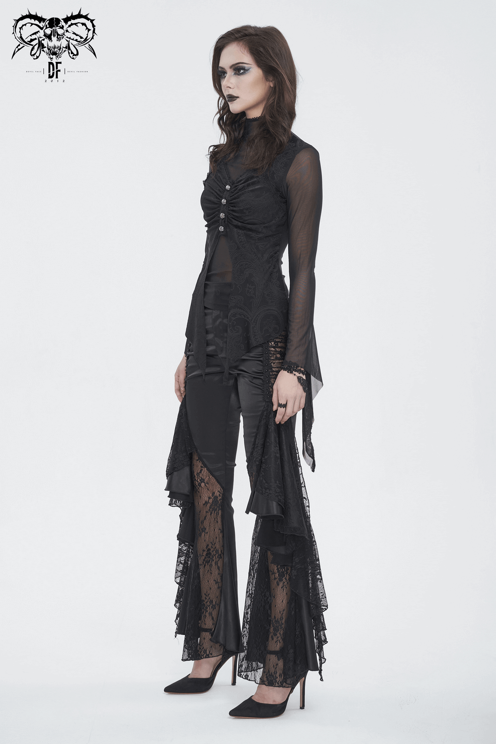 Gothic mesh top with trumpet sleeves, layered lace detail, perfect for a dark romantic look.