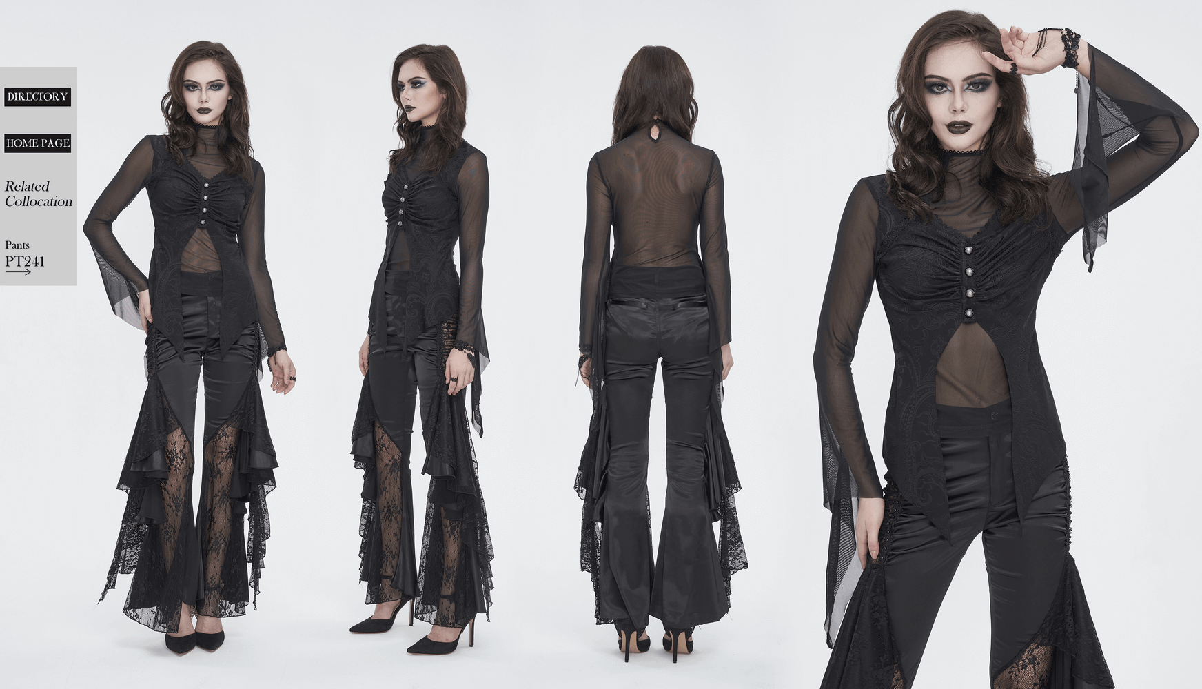 Gothic mesh top with irregular trumpet sleeves, paired with stylish black pants in a dramatic look.