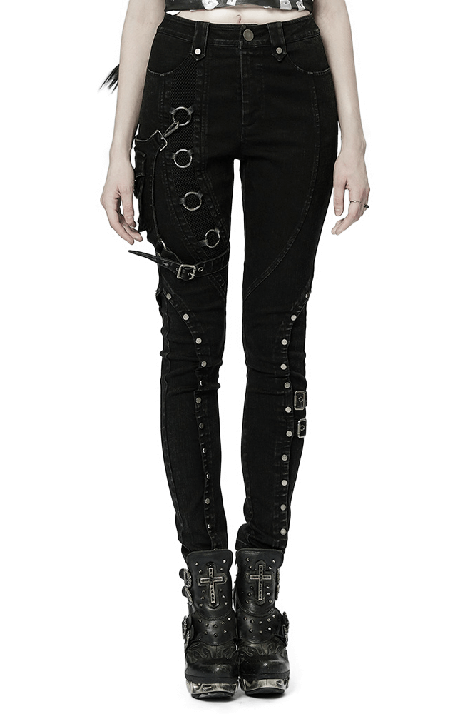 Gothic Metal Mesh Insert Jeans with Detachable Bag - HARD'N'HEAVY