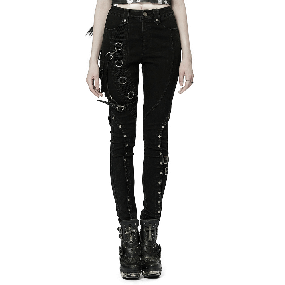 Gothic Metal Mesh Insert Jeans with Detachable Bag - HARD'N'HEAVY