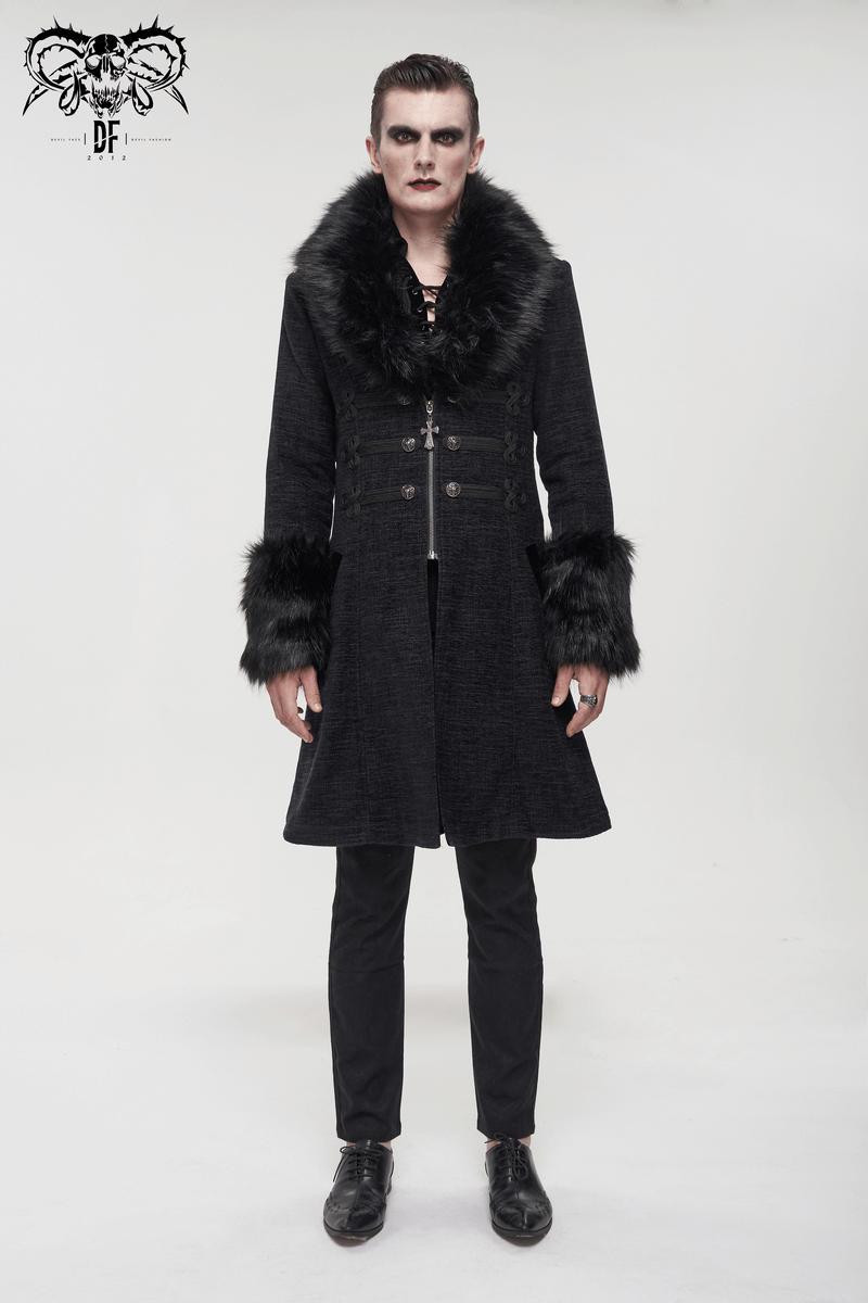 Gothic Mid-Length Coat with Detachable Faux Fur / Men's Warm Zipper Coat with Buttons - HARD'N'HEAVY