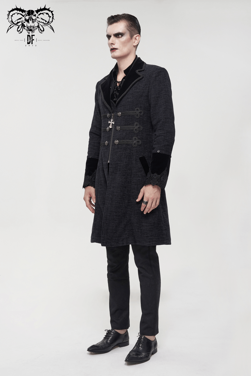 Gothic Mid-Length Coat with Detachable Faux Fur / Men's Warm Zipper Coat with Buttons - HARD'N'HEAVY