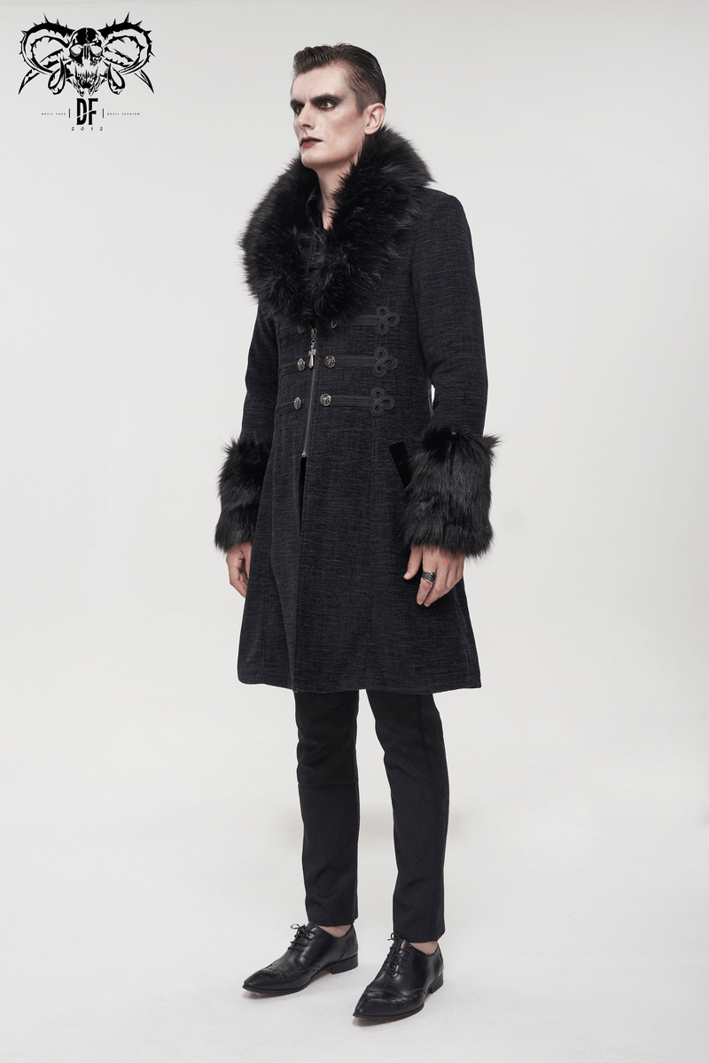 Gothic Mid-Length Coat with Detachable Faux Fur / Men's Warm Zipper Coat with Buttons - HARD'N'HEAVY