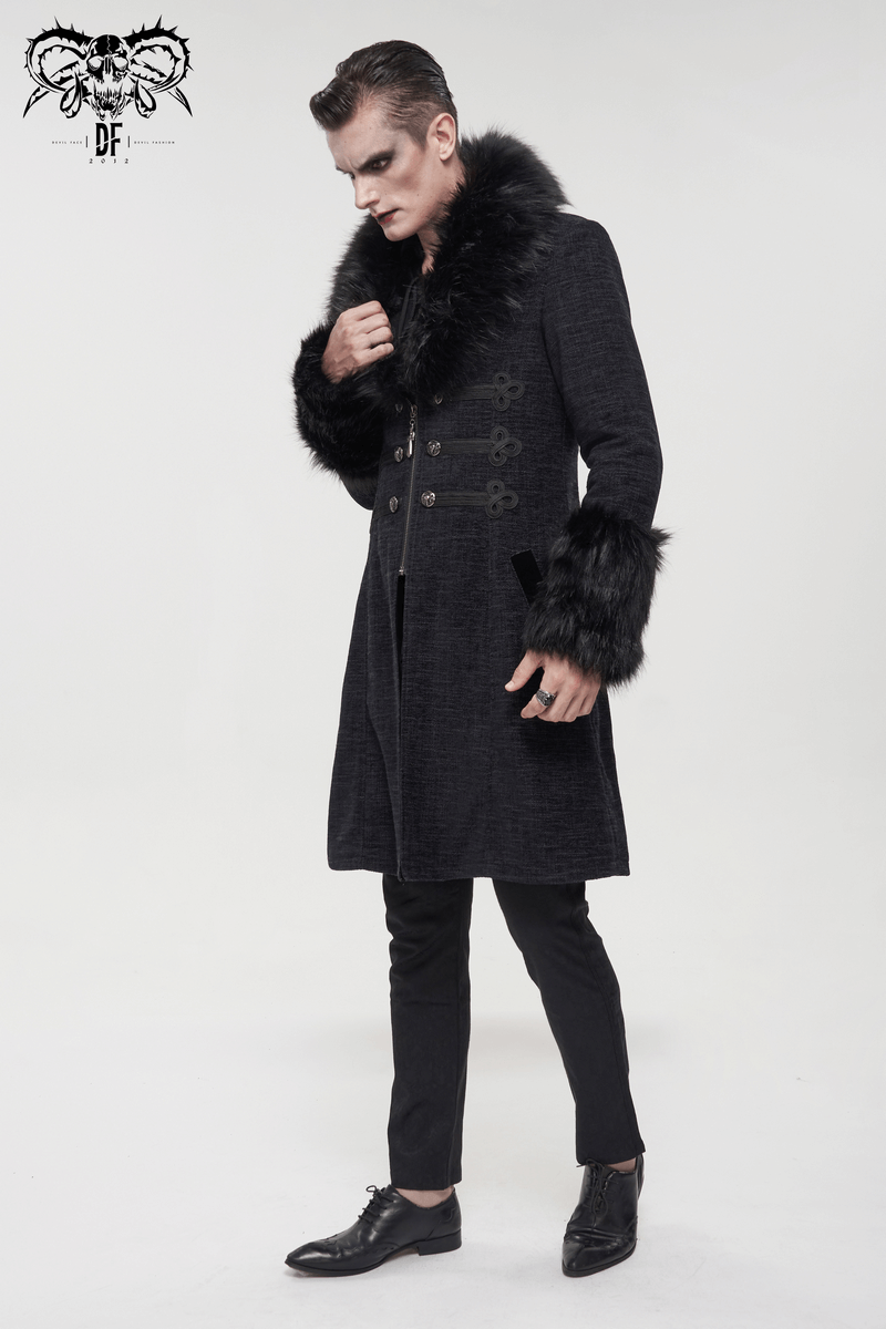 Gothic Mid-Length Coat with Detachable Faux Fur / Men's Warm Zipper Coat with Buttons - HARD'N'HEAVY