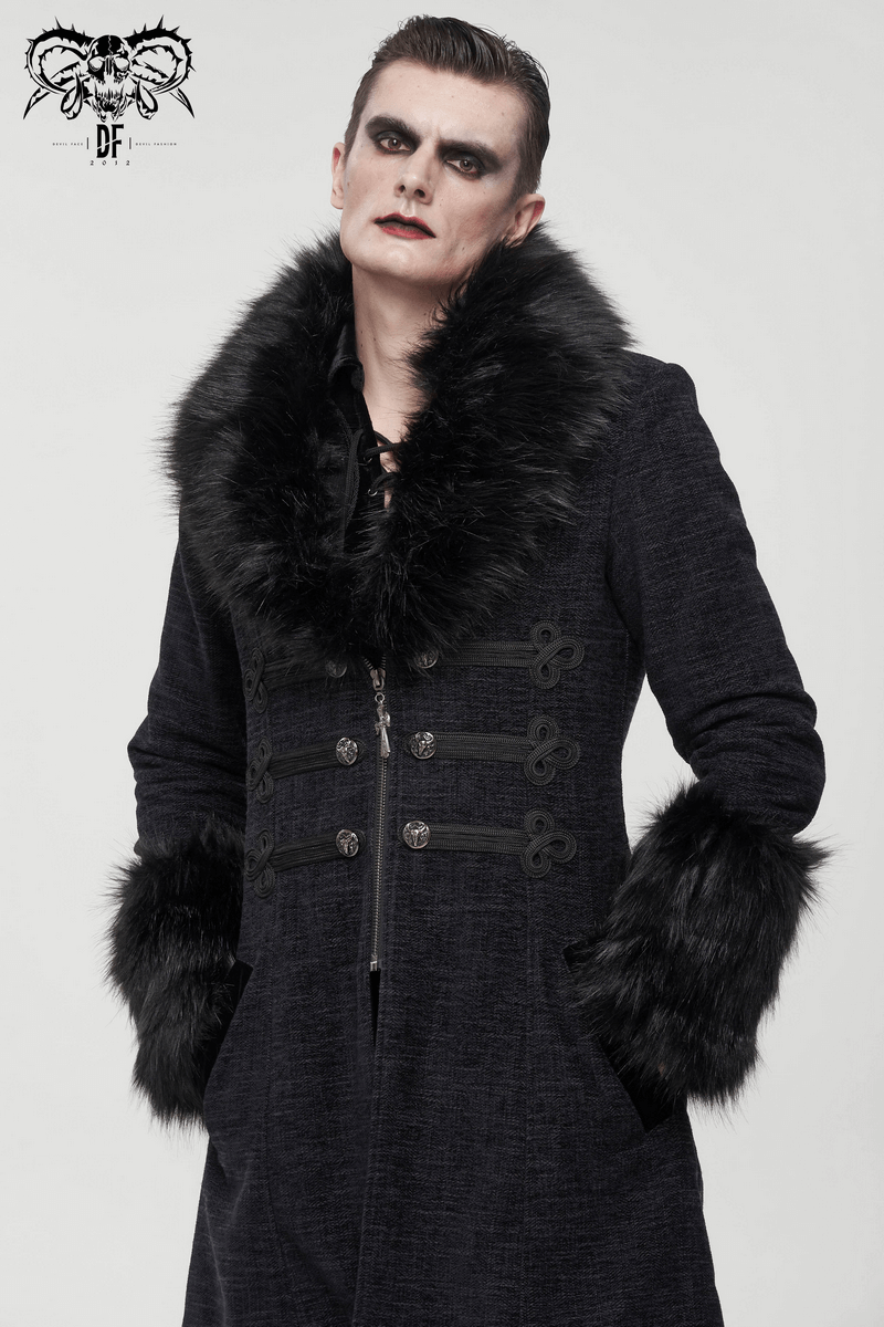 Gothic Mid-Length Coat with Detachable Faux Fur / Men's Warm Zipper Coat with Buttons - HARD'N'HEAVY