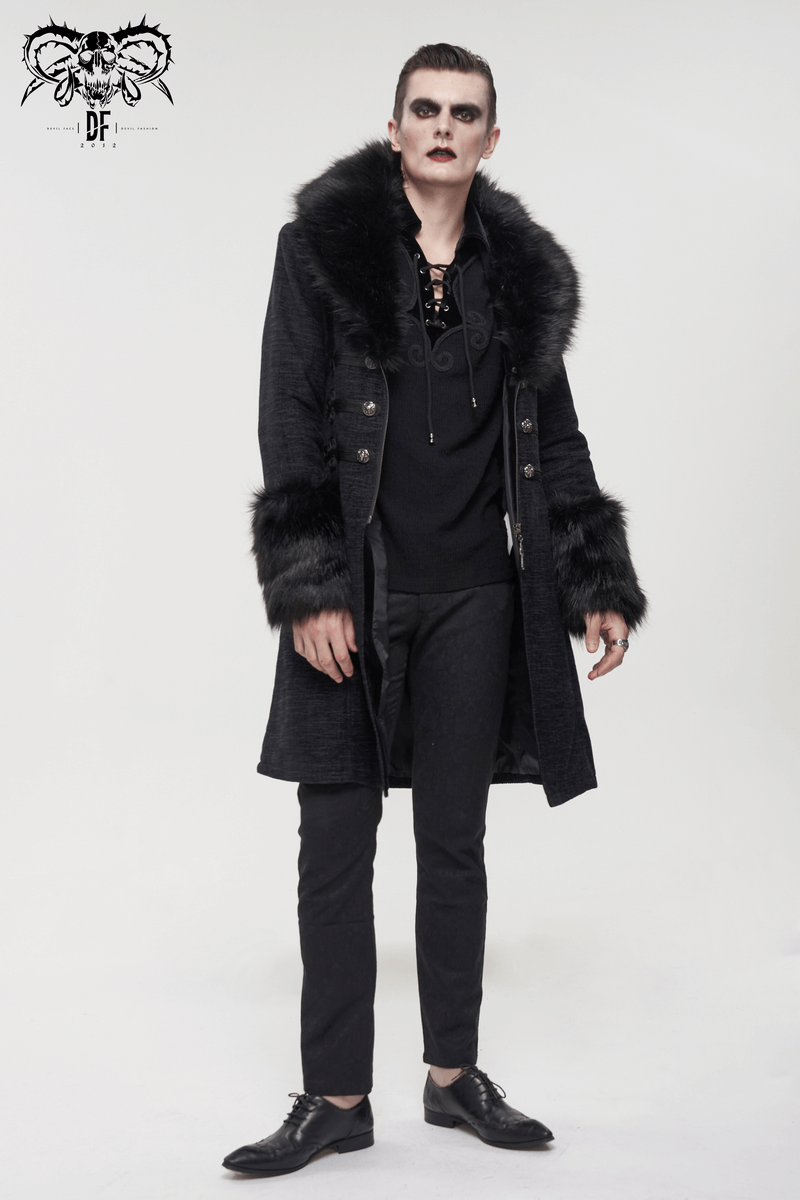 Gothic Mid-Length Coat with Detachable Faux Fur / Men's Warm Zipper Coat with Buttons - HARD'N'HEAVY