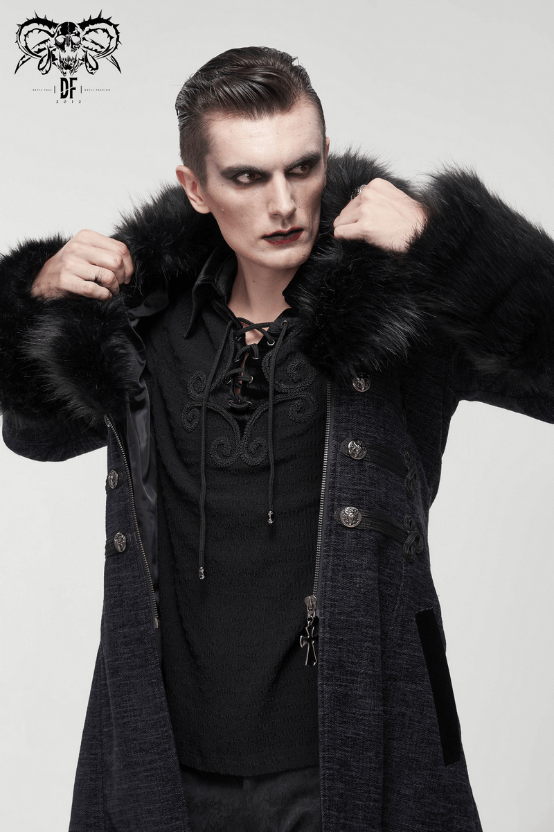 Gothic Mid-Length Coat with Detachable Faux Fur / Men's Warm Zipper Coat with Buttons - HARD'N'HEAVY